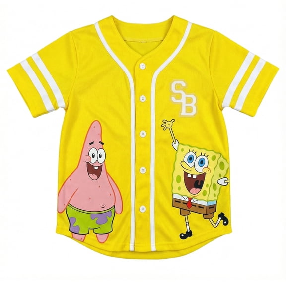 Spongebob and Patrick Star Girls Baseball Jersey T-Shirt, Short Sleeve Pinstripe Graphic Tee, Yellow 6/6X