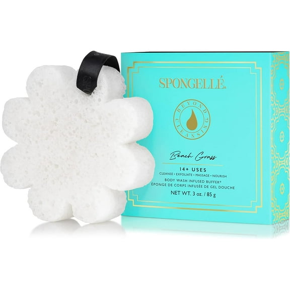 SPONGELLÉ Flower Shower Body Wash Infused Buffer Soap Sponge Body Scrubber, Beach Grass, 3 oz