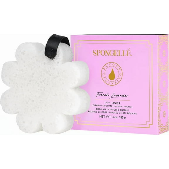 SPONGELLÉ Flower Shower Body Wash Infused Buffer Soap Sponge Body Scrubber, French Lavender, 3 oz