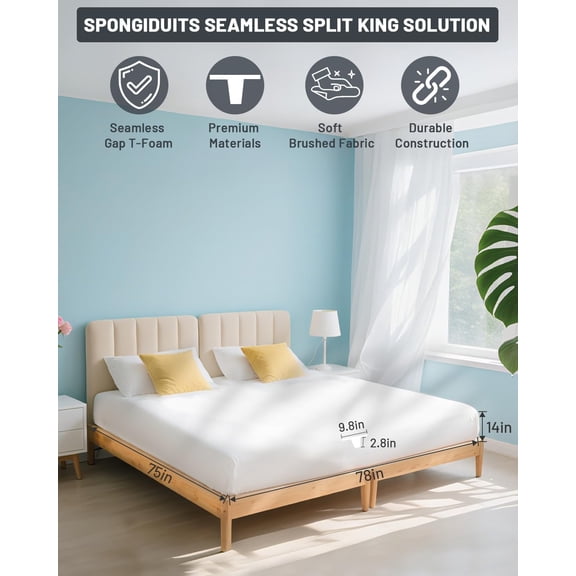 Spongiduits 3-in-1 Fitted Sheet with Bed Bridge | Twin XL to King Converter Kit with Split King Gap Filler for Adjustable Bed, Integrated Bed Bridge Kit, White