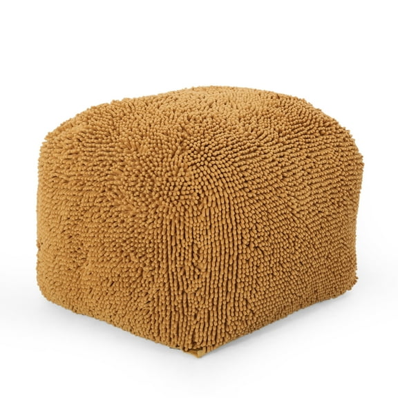 Spongy Microfiber Chenille Square Pouf In Amber Yellow - Cozy Seating, 250lb Capacity, Beads Filled, 20x20x14 Inches, Fully Assembled Golden