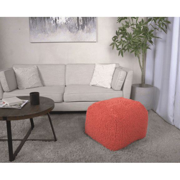 Spongy Microfiber Square Pouf in Coral | Fun & Colorful | Soft Microfiber Chenille | 250 lbs Capacity | Polystyrene Beads Filled