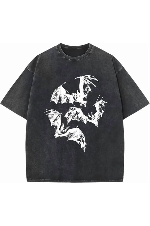 Sponsored Ad - Pairxily Oversized Mens Graphic Tees Bat Print Vintage Shirt Streetwear Acid Wash Cotton Tshirt Baggy Y2k S...