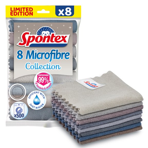 Spontex Microfibre Cloths for Cleaning | 8 Microfibre Collection Cleaning Cloths | For Use as Dusters, Dish Cloths & Kitchen Towels | 30 x 30cm | Neutral Colours | 8 Pack