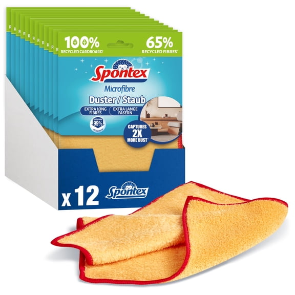 Spontex Microfibre Dusters | 12 x Cleaning Clothes for Dusting & Polishing | Extra Long Fibres | Captures 2x More Dust* | 30 x 30cm |65% Recycled Fibres