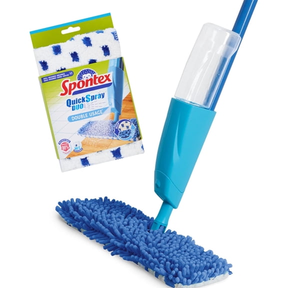 Spontex Quick Spray Duo Flat Spray Mop with Washable Microfibre Mop Head Pads | Cleans Laminate, Wood & Tile Flooring | No-Touch Reversible Head