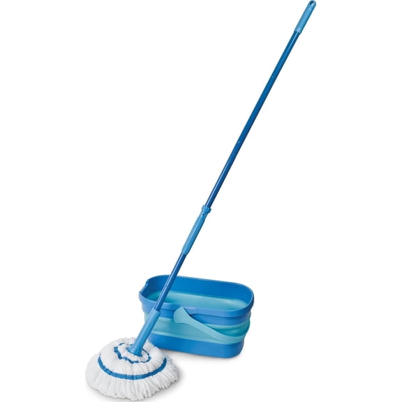 Spontex Ultra Compact Twist Mop and Bucket Set | Microfibre Mop with Built-In Self-Wringing System | 10L Foldable Bucket | Cleans Laminate, Wood & Tile Flooring | Washable Mop Head