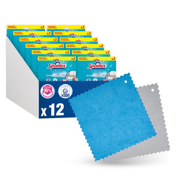 Spontex X'tra Brilliant Microfibre Cleaning Cloths | Reusable Cloths for Cleaning & Polishing | Machine Washable | 12 x 2 Pack (24 Total)