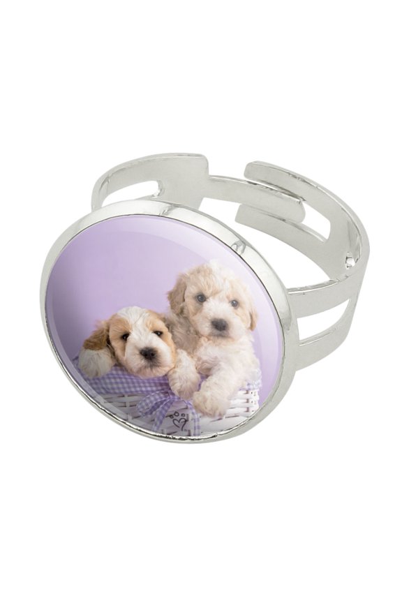 Spoodle Cockapoo Puppies Dogs Wicker Basket Silver Plated Adjustable Novelty Ring