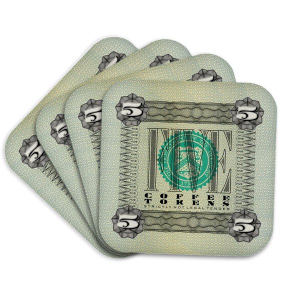 3drose, Spoof Banknote Style Coffee Token Design, Set of 4 Coasters - Soft