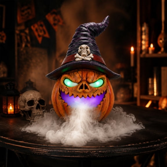 SpookHaven Halloween Jack‑O‑Lantern Pumpkin Mist Sprayer Figurine, LED Light‑Up Fogger with Witch Hat & Skull Decoration, Spooky Ornament for Tabletop Entryway Halloween Party Home Decor