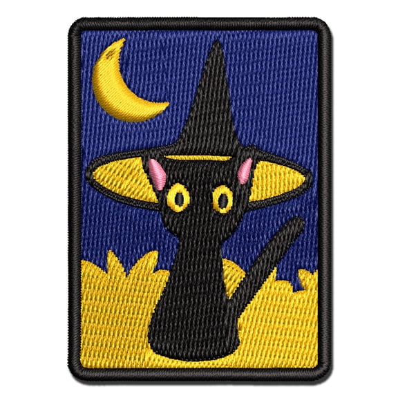 Spooked Cat in Witch Hat Halloween Applique Multi-Color Embroidered Iron-On Patch - 3.5 Inch Large