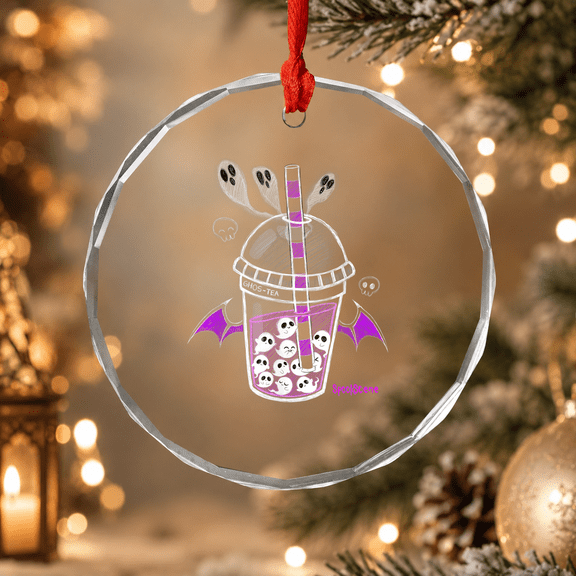 Spookscene Ghos-tea Boba Emo Goth Alt Purple Ornament, Halloween Keepsake Gift, Circle Glass Ornament