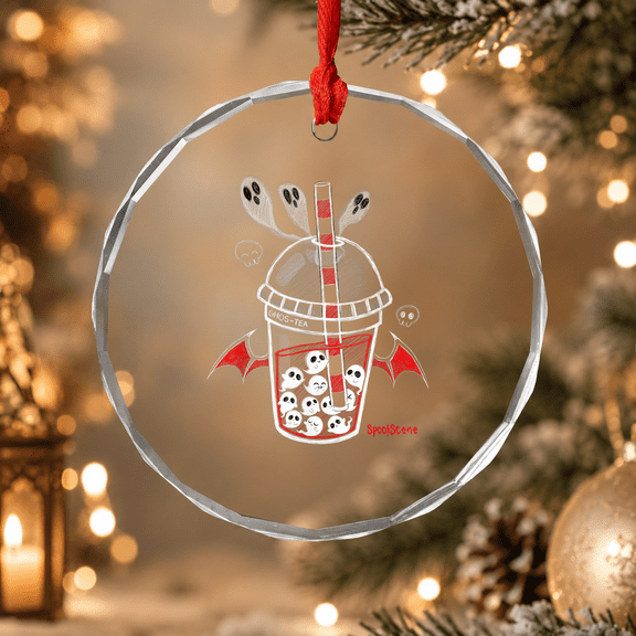 Spookscene Ghos-tea Boba Emo Goth Alt Red Ornament, Halloween Keepsake Gift, Circle Glass Ornament