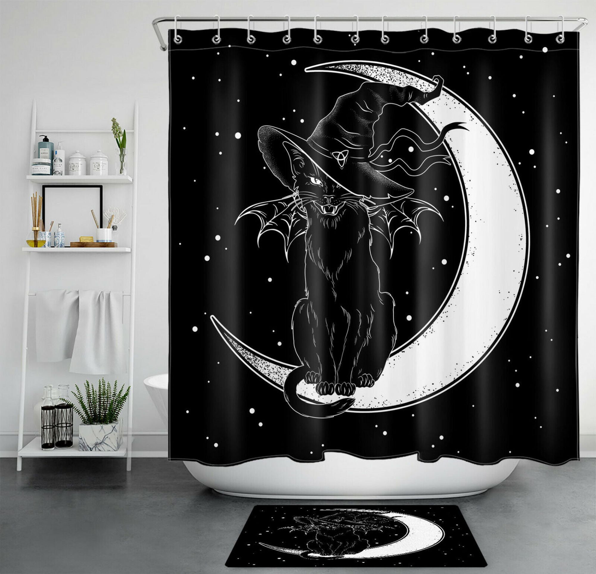 Spooktacular Bathroom Witch Hat & Black Cat Shower Curtain with Moon
