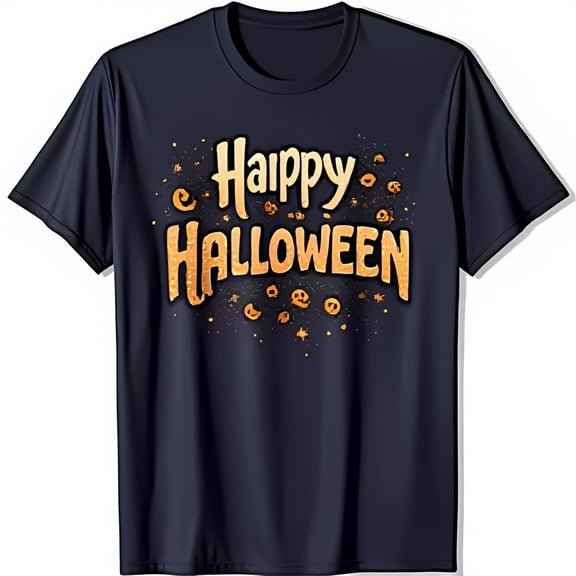 Spooktacular Black T-Shirt with 'Happy Halloween' Gold Graphic & Pumpkin Faces