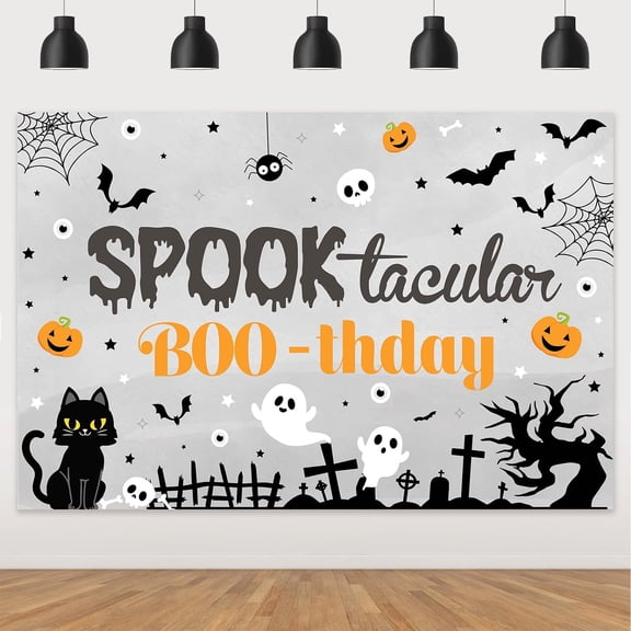 Spooktacular Boothday Backdrop Halloween Birthday Party Decorations Banner Cute Pumpkin Ghost Skull Photography Background for Halloween Spooktacular Birthday Party Decor Supplies 5x3ft