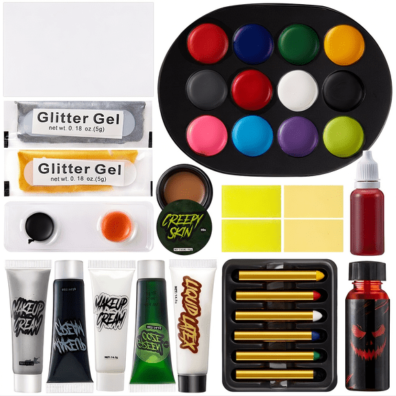Joyfy 26 Pcs Halloween Face Paint & Costume Makeup Kit with 2 Color Palettes, Glitter Gels, Makeup Crayons, Creams, Wax Makeup, and Applicator Tools for Festive Dress-Up and Costume Parties