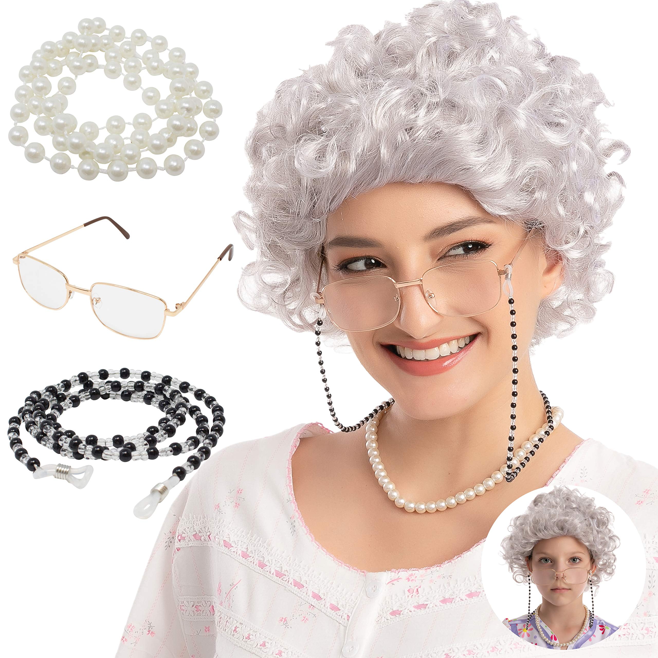 Spooktacular Creations Adult/Child Curly Grey Granny Wig Set with Wig