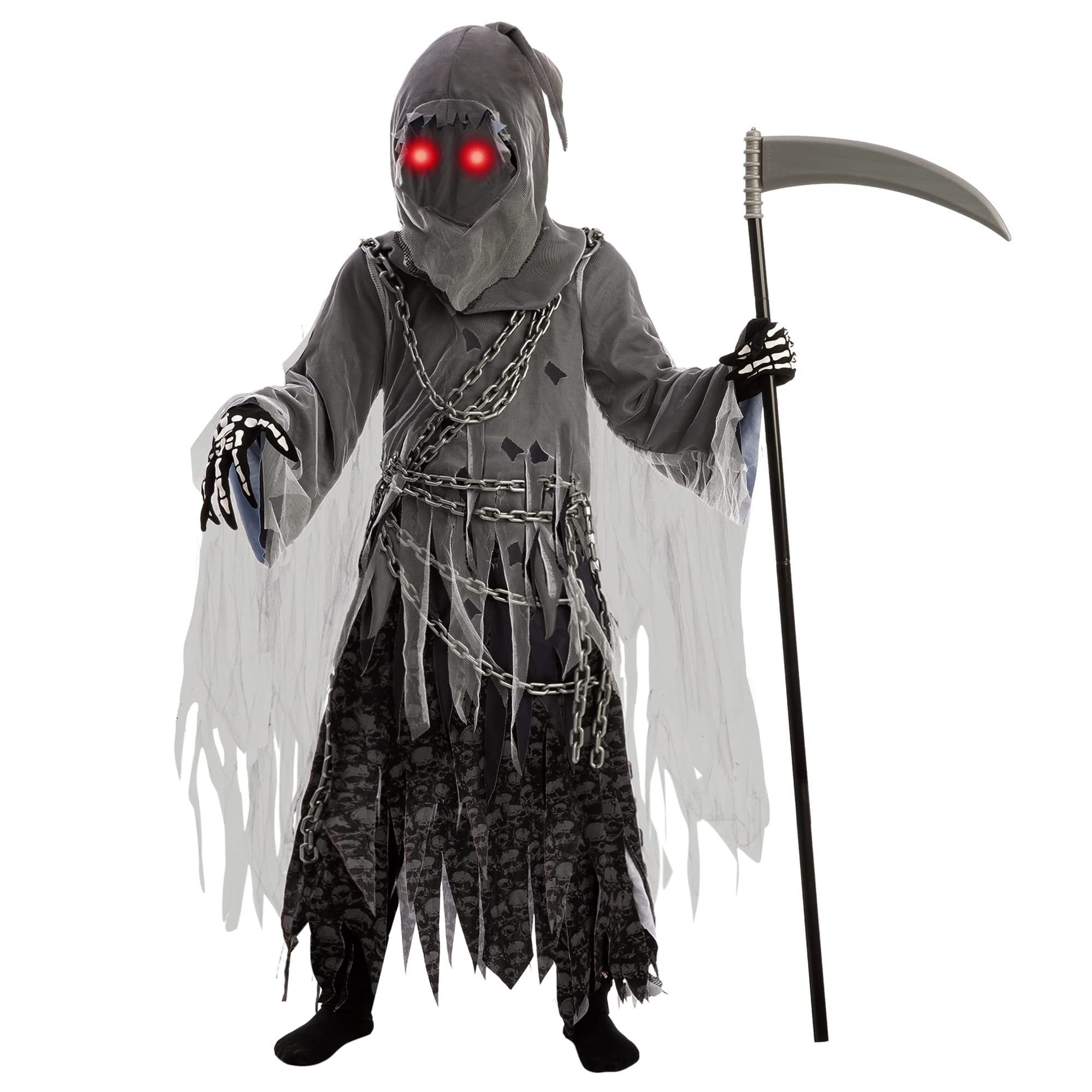 Spooktacular Creations Child Unisex Grim Reaper Costume, Halloween Costume  with Glowing Red Eyes for Kids Trick-or-Treating,S