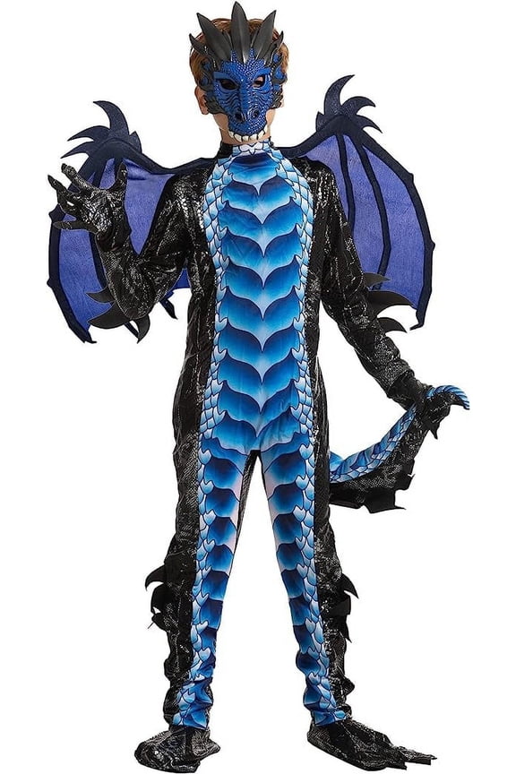Creations Child Boys Black and Blue Dragon costume, Dragon Wings and Mask for Halloween Parties, Cosplay,M