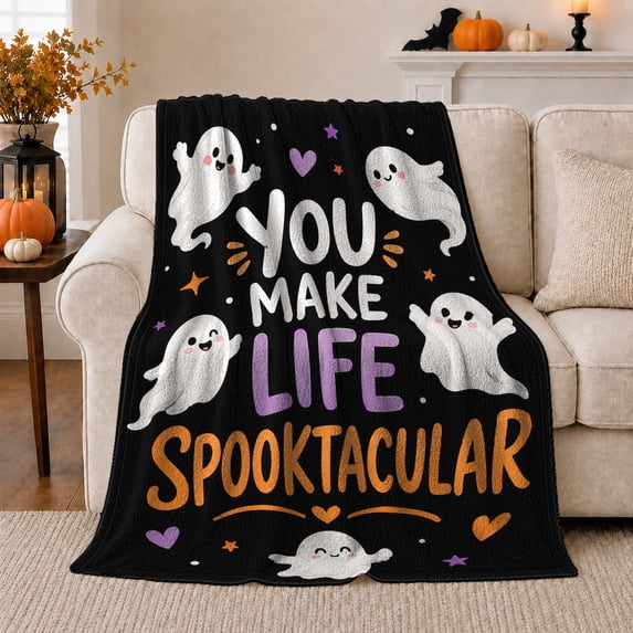 Spooktacular Ghost Quote Happy Cartoon Ghosts Fun Playful, Festive Halloween Scene, Warm Flannel Blanket for Living Room and Reading Nook, Art Lovers Halloween Gift, Festive Home Decor