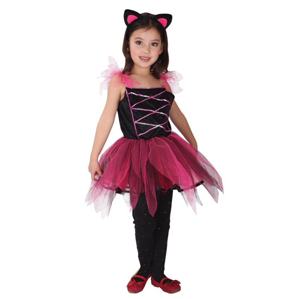 Girls Cat Costume Set - Cute Cat Dress With Tail & Ears For Halloween 4-12 Years