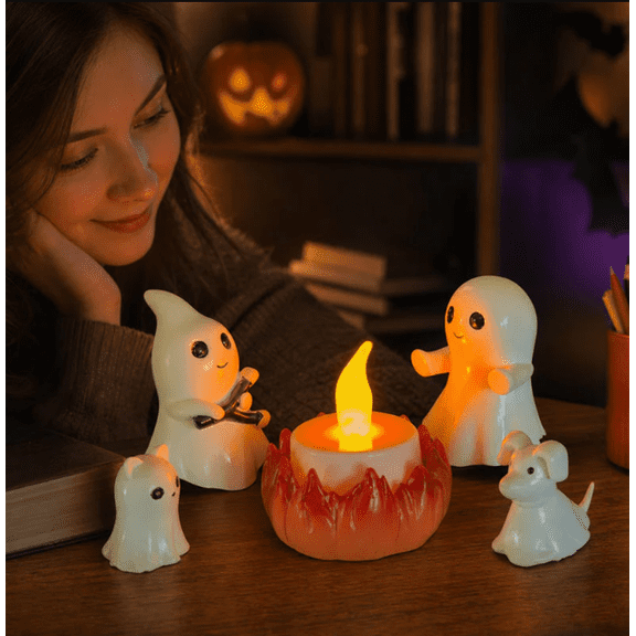 Spooktacular Halloween Ghost Vibe Lights! Resin Mini Ghost Statue Group with Flameless Simulated Fire Candle for Living Room Mantel Styling
