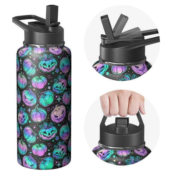 Spooky 32oz Halloween Tumbler with Lid and Straw – Double Wall Stainless Steel Insulated Coffee Travel Mug – Ghost Skull Pumpkin Cup Gift for Women Men Girls