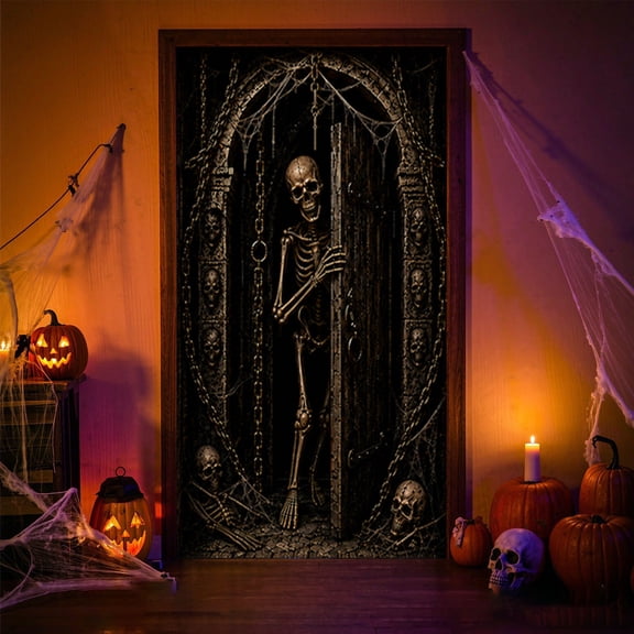 Spooky 3D Door Cover Banner Printed Fabric Pumpkin Skeleton Witch Cemetery Scene For Front Door Porch Spooky Party Display Black Background Spooky Door Cover 3d Door (Black5)