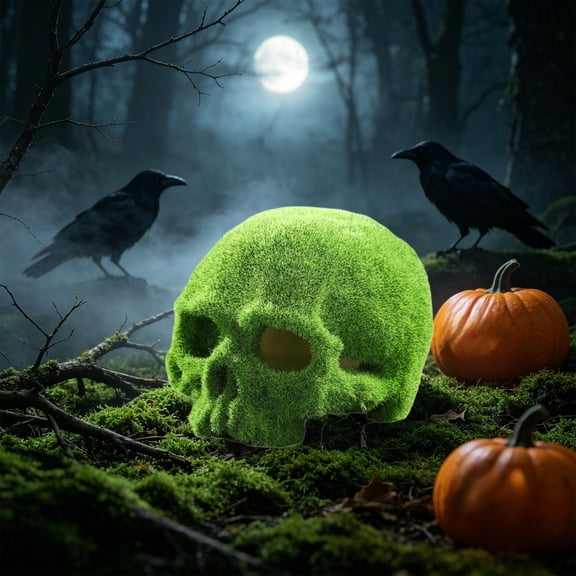 Spooky Aged Look Resin Skull Ornament, Mossy Skull Head Halloween Decoration, Themed Party Scene Layout Prop, Vintage Resin Skull Decor for Indoor Home Shelf Tabletop Desk, Green