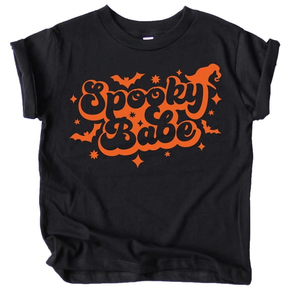 Spooky Babe Retro Spiderweb Shirt for Baby and Toddler Youth Girls Halloween and Fall Shirt Orange on Black Shirt 2T