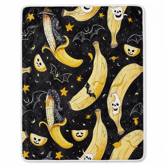 Spooky Banana Sherpa Blanket, Multicolor Fleece Throw with Ghosts and Bats