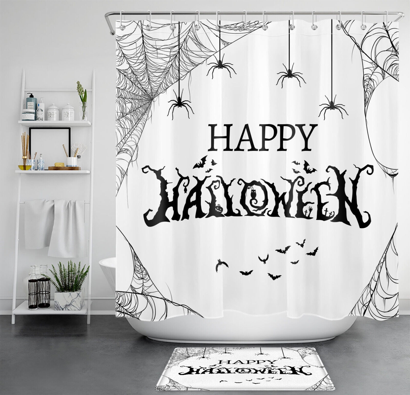 Spooky Bat Pumpkin Spider Web Halloween Shower Curtain Set for Bathroom ...
