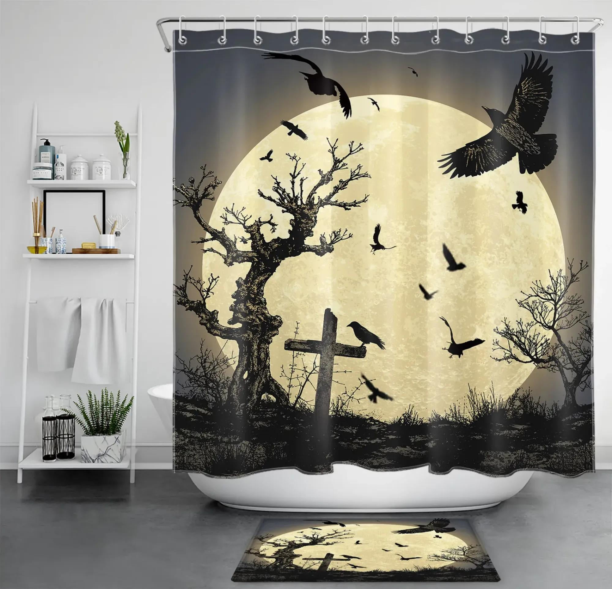 Spooky Bathroom Decor Full Moon Ghosts & Crows on Dead Tree Shower