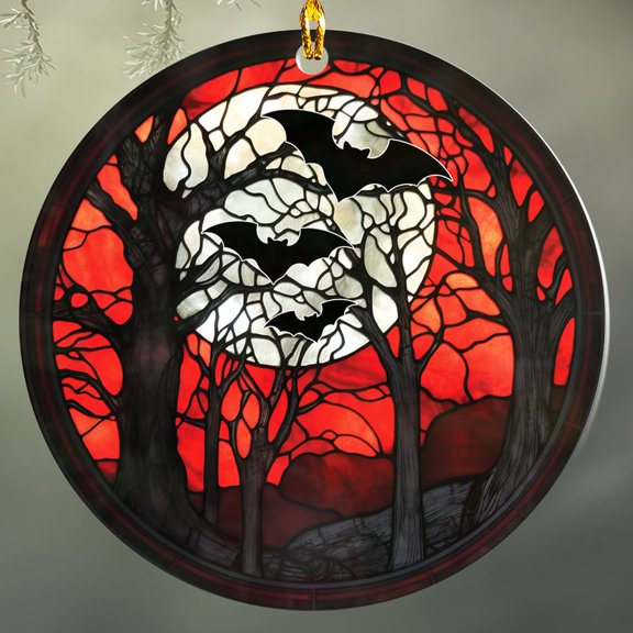 Spooky Bats In Full Moon Ornament Haunted Forest Goth Christmas Ornament Bat Decor Gift Halloween Faux Stained Glass Style 2D FLAT CIRCLE Ceramic Ornament