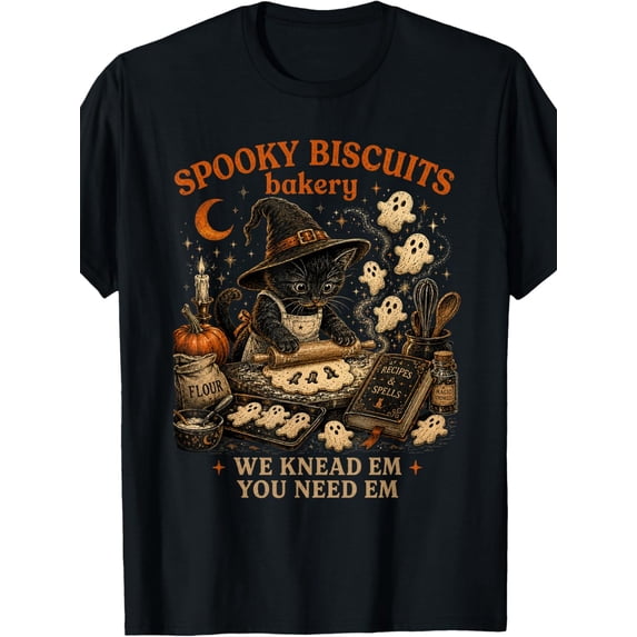 Spooky Biscuits Bakery Cat Halloween Graphic Cotton Men's Women's Tee Shirt