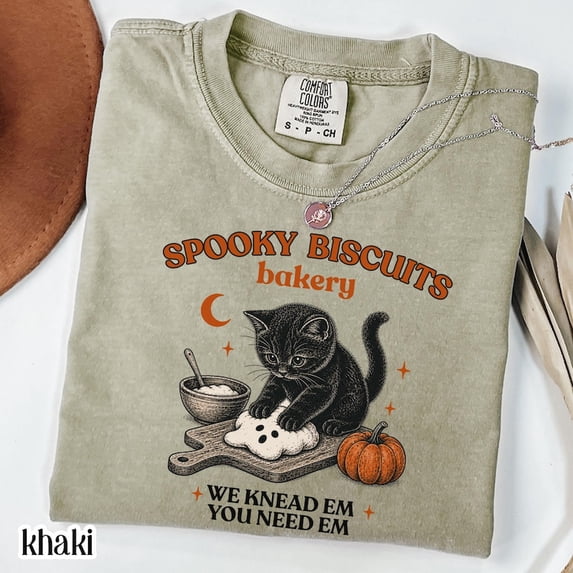 Spooky Biscuits Bakery Kitty T-Shirt | Black Cat Halloween Fall Tee | Vintage "We Knead Em You Need Em" Pumpkin Cat Lover Shirt