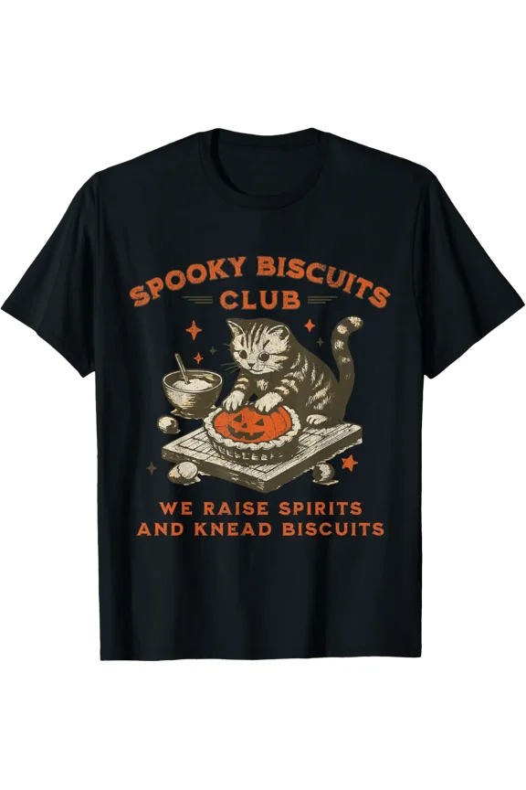 Spooky Biscuits Club Cat, Funny Halloween Baking Tee T-Shirt Shirts