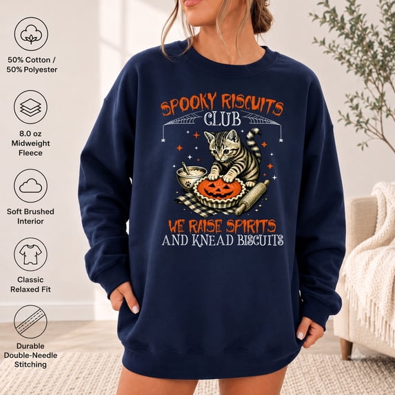 Spooky Biscuits Club Cat Graphic Crewneck Cat Lovers Fleece Sweatshirt