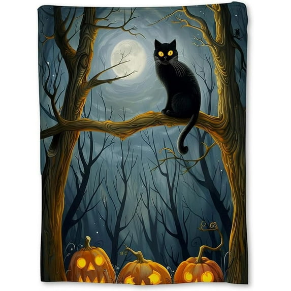 Spooky Black Cat & Pumpkin Blanket | Soft Warm Fuzzy Lightweight Flannel Throw Blanket for Couch, Bed, Halloween Decor, Travel & Outdoor Use, Cozy Blankets for Adults Women Men 60×50 in