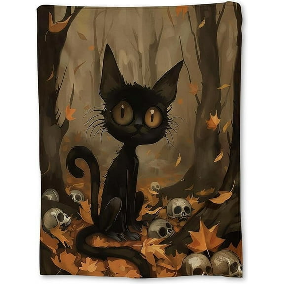 Spooky Black Cat & Pumpkin Blanket | Soft Warm Fuzzy Lightweight Flannel Throw Blanket for Couch, Bed, Halloween Decor, Travel & Outdoor Use, Cozy Blankets for Adults Women Men 60×50 in