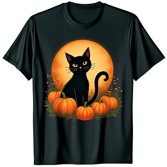 Spooky Black Cat & Pumpkin Graphic Black T-Shirt for Halloween