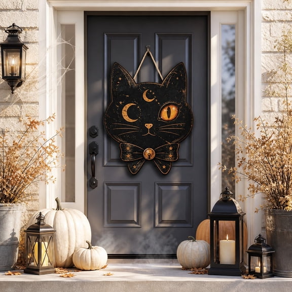 Spooky Black Cat Wooden Door Sign for Halloween Entryway Welcome Decor