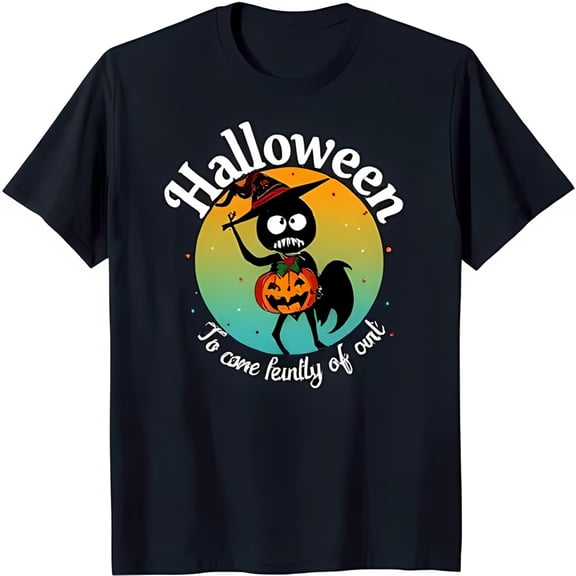 Spooky Black Cat in Witch Hat & Pumpkin Graphic Black T-Shirt for Halloween