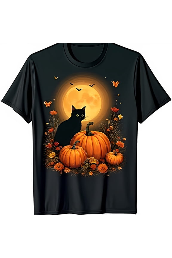 Spooky Black Cat with Glowing Green Eyes & Pumpkins Graphic T-Shirt