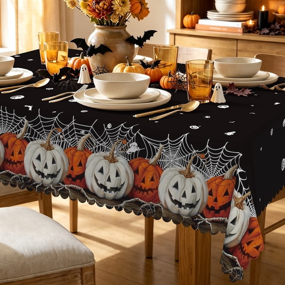 Spooky Black Halloween Rectangle Tablecloth Pumpkin Spider Web Ghost Waterproof Table Cover for Party Dinner Decor 60"W x 84"L