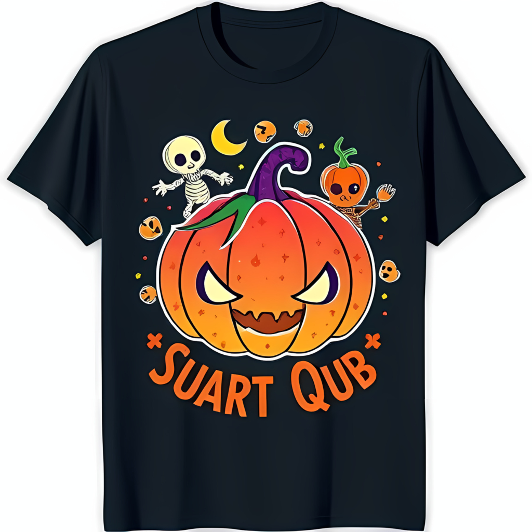 Spooky Black TShirt with Cartoon Pumpkin & Skeleton Graphic Fun