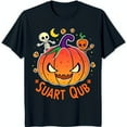 Spooky Black TShirt with Cartoon Pumpkin & Skeleton Graphic Fun