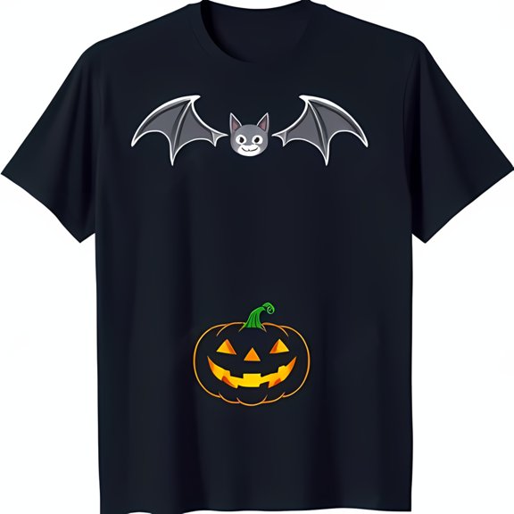 Spooky Black T-Shirt with Gray Bat & Grinning O Graphic